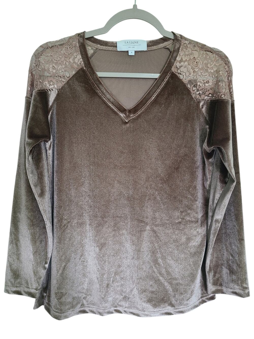 La Ligne Brown Velvet V-Neck Blouse Top with Lace Shoulders - Size 4